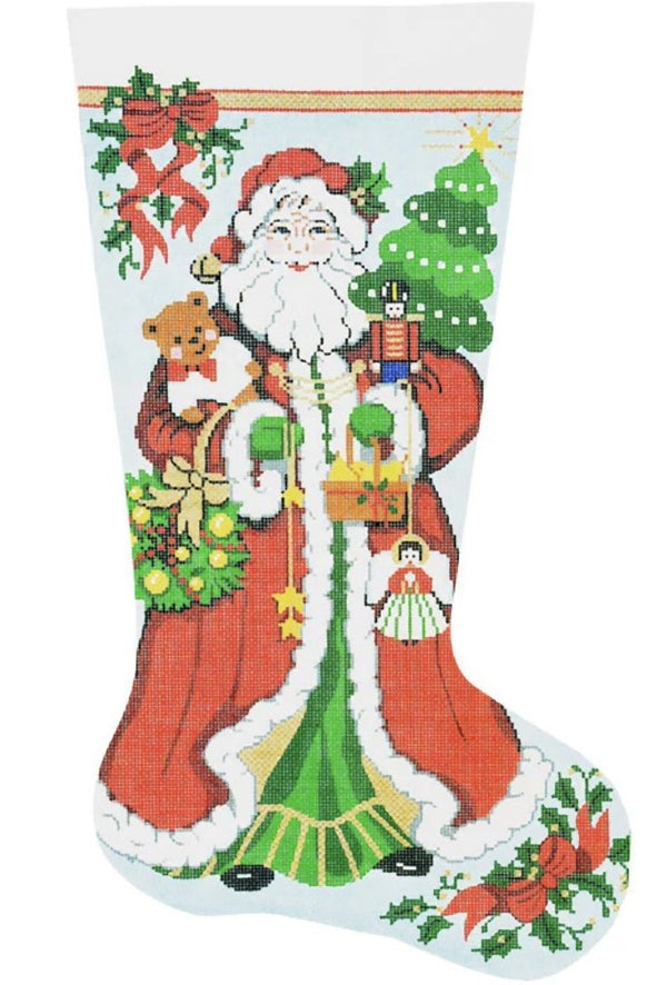 Needlepoint Handpainted Lee Christmas Stocking Happy Santa 23"
