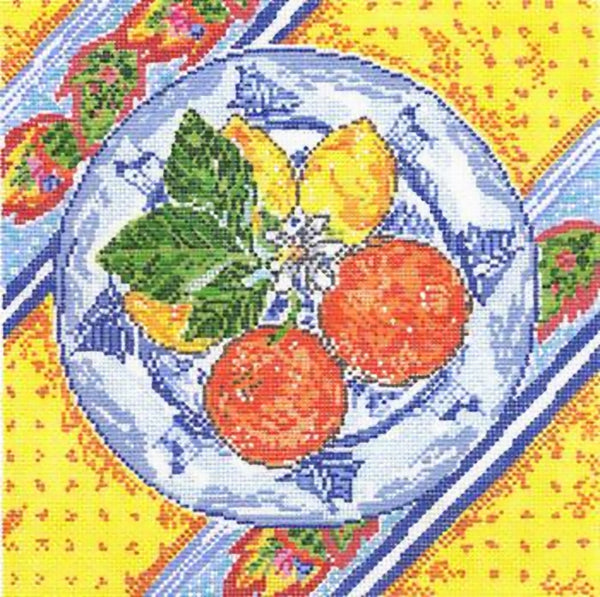 Needlepoint Handpainted Cooper Oaks Lemon Oranges Plate 8x8