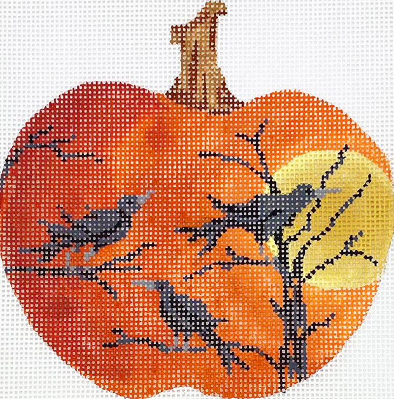 Needlepoint Handpainted Kelly Clark Ravens Caw Silhouette Pumpkin