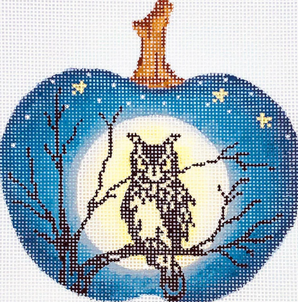 Needlepoint Handpainted Kelly Clark Spooky Owl Silhouette Pumpkin