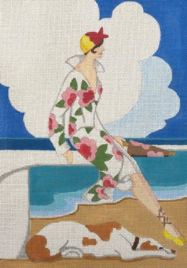 Needlepoint Handpainted Raymond Crawford Summer Beach Lady 7x10