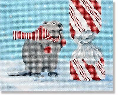 Needlepoint Handpainted Christmas CBK Beaver with Candy Cane