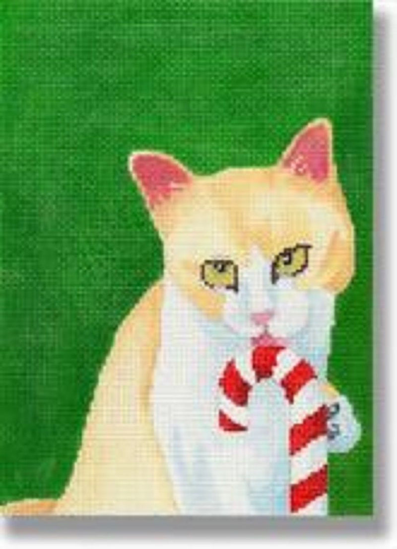 Needlepoint Handpainted Christmas CBK Candy Cane Kitty 5X7