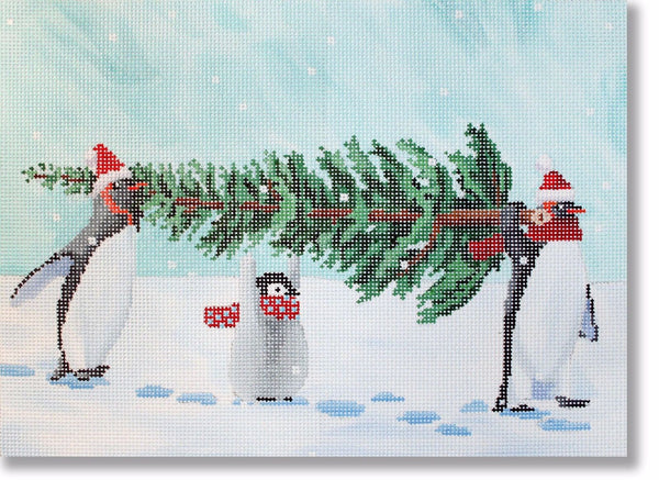 Needlepoint Handpainted Christmas CBK Penguins Bringing Tree