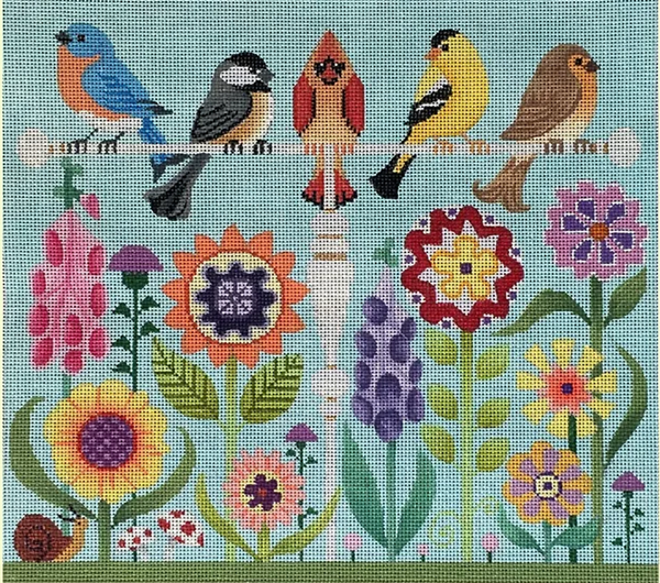 Needlepoint Handpainted Brenda Stofft Birds in Flower Garden 10x9