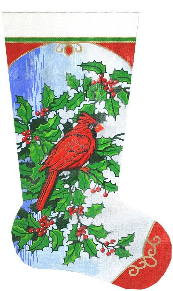Needlepoint Handpainted Lee Christmas Stocking Cardinal and Holly