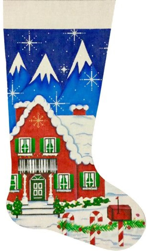 Needlepoint Handpainted Christmas House Stocking Alice Peterson 19"