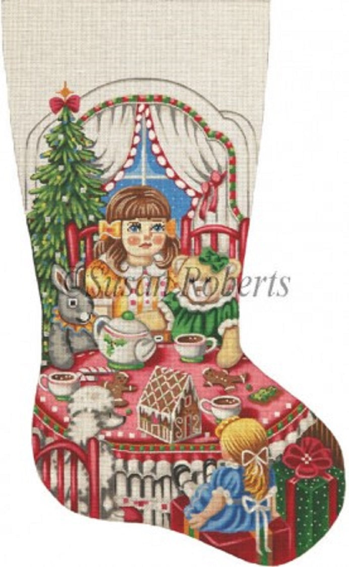 Needlepoint Handpainted LIZ Goodrick Dillon Christmas Stocking Tea Party 20"