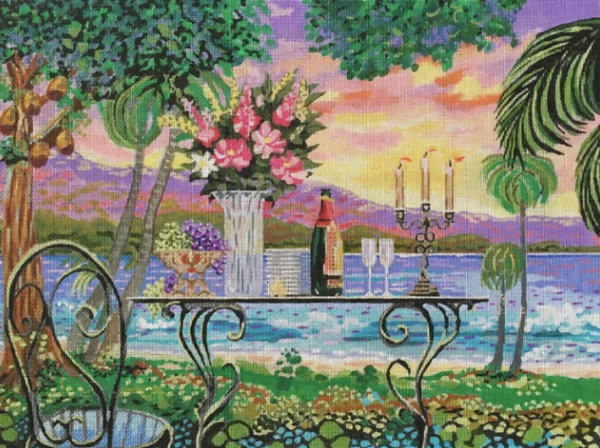 Needlepoint Handpainted Purple Palm Dining by the Sea 12x16