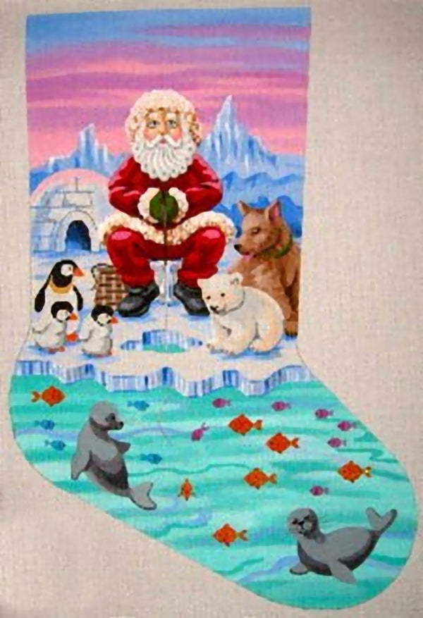 Needlepoint Handpainted Labors of Love Christmas Stocking Ice Fishing Santa 21"