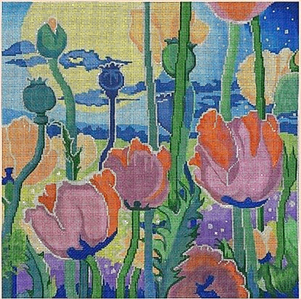 Needlepoint Handpainted Brenda Stofft Moonlit Poppy Garden 14x14