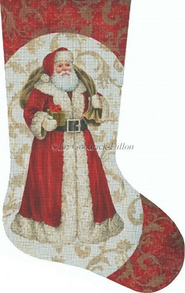 Needlepoint Handpainted Liz Goodrick Dillon Christmas Stocking Red Santa w/ Gift