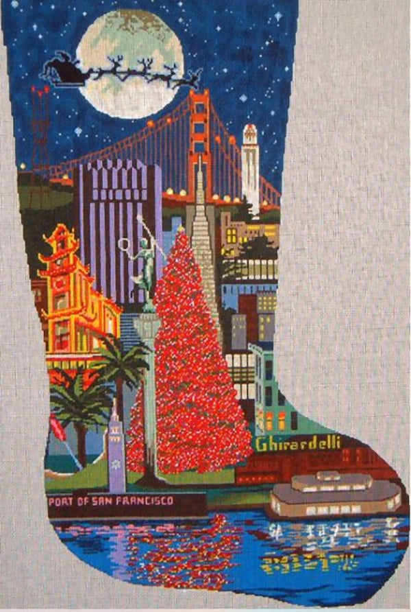 Needlepoint Handpainted DJ Designs Christmas Stocking San Francisco 22"