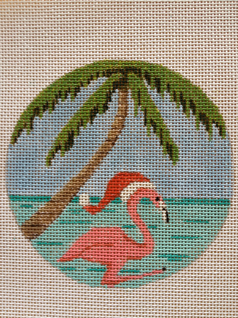 Needlepoint Handpainted Christmas Purple Palm Santa Hat Flamingo 4"