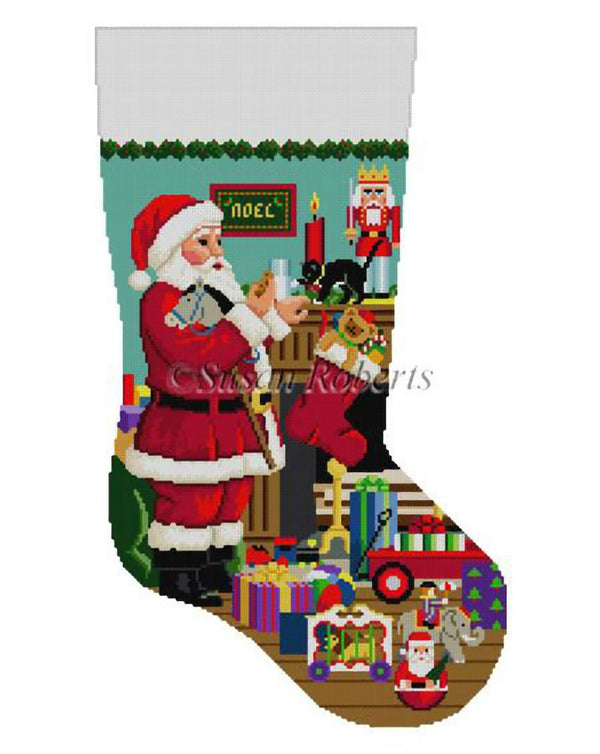 Needlepoint Handpainted Christmas Susan Roberts Stocking Santa Milk Cookies 19"