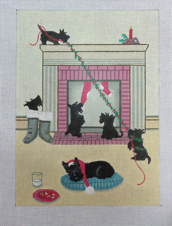 Needlepoint Handpainted Cindi Lynch Scottie Doesn't Want Santa to Leave