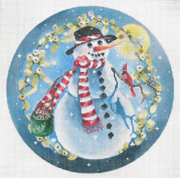 Needlepoint Handpainted Joy Juarez Christmas Snowman Red Cardinal 7"