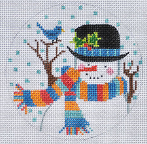 Needlepoint Handpainted CHRISTMAS Danji Ornament Snowman Bluebird 4"