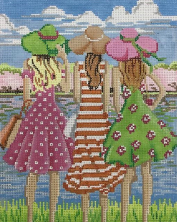 Needlepoint Handpainted Alice Peterson Three Girls in Spring 10x8