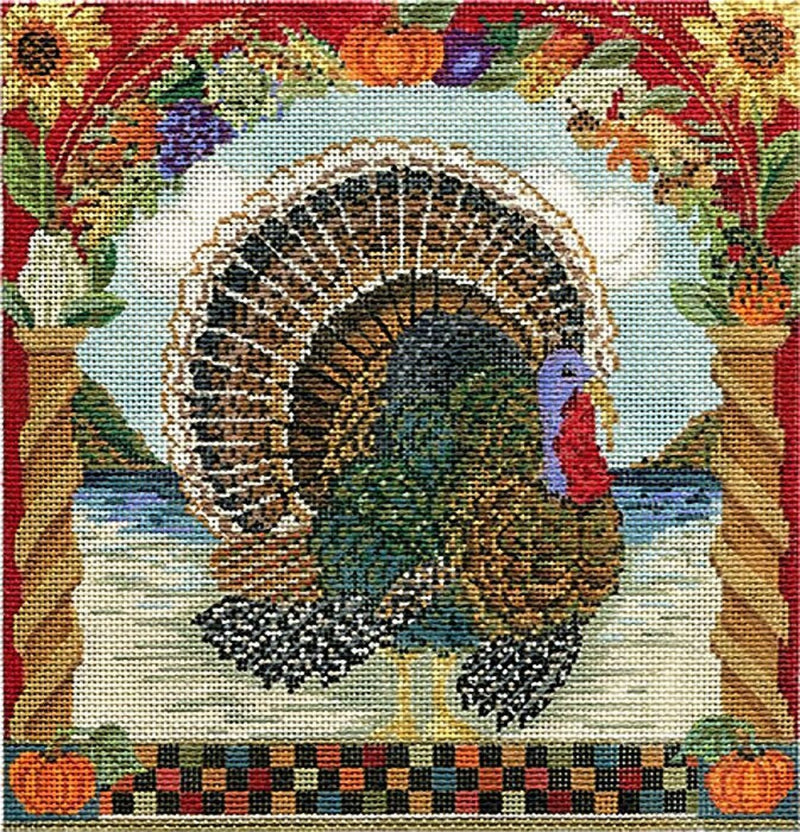 Needlepoint Handpainted Kelly Clark Thanksgiving Tom Turkey w/ Stitch Guide